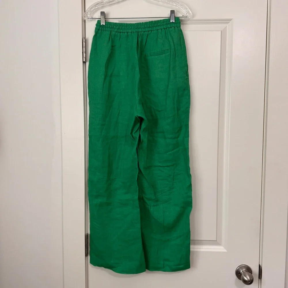 Zara Medium Kelly Green Linen Elastic Waist Pants Lagenlook Beach Casual